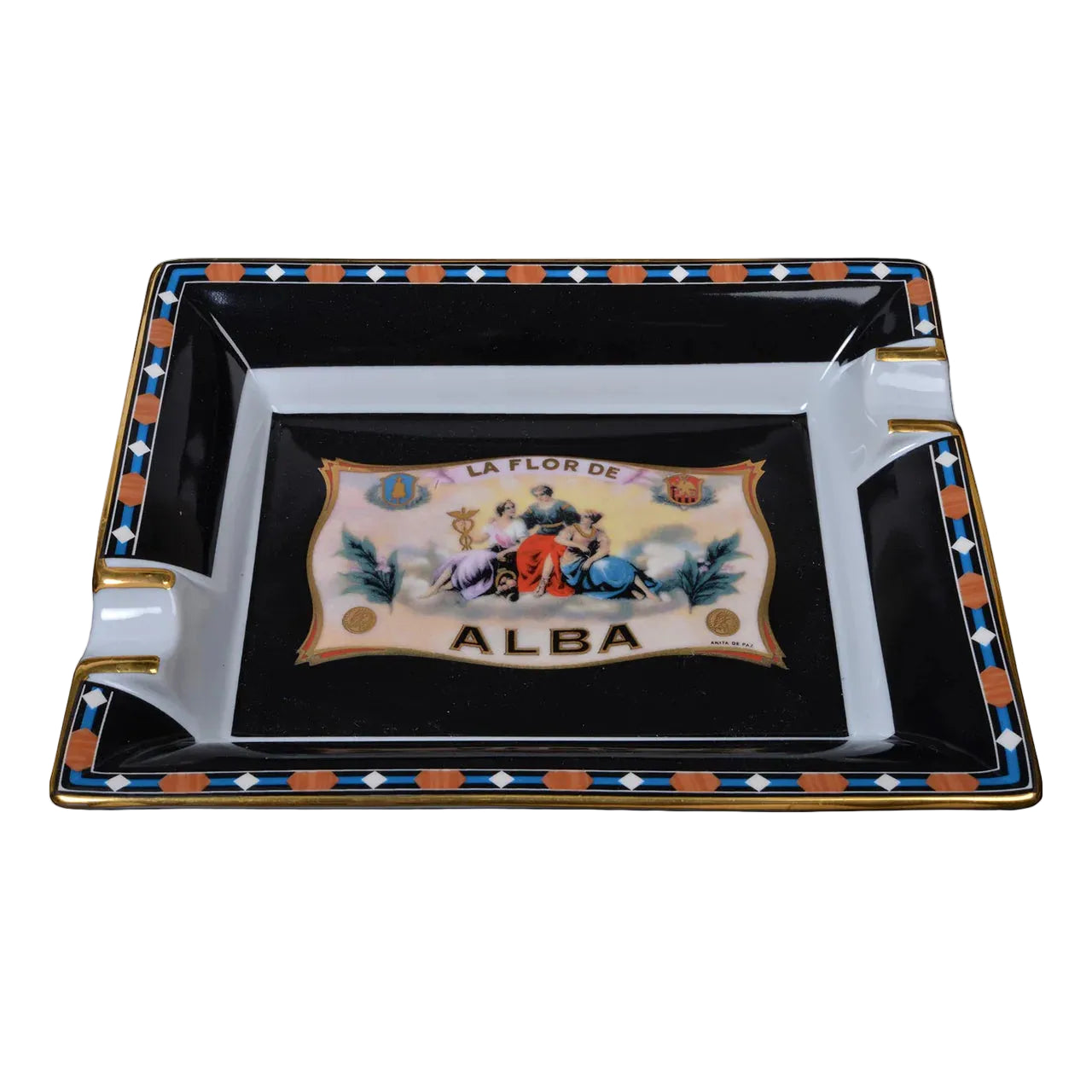 Decorative ashtray with 'La Flor de Alba' branding on a white background