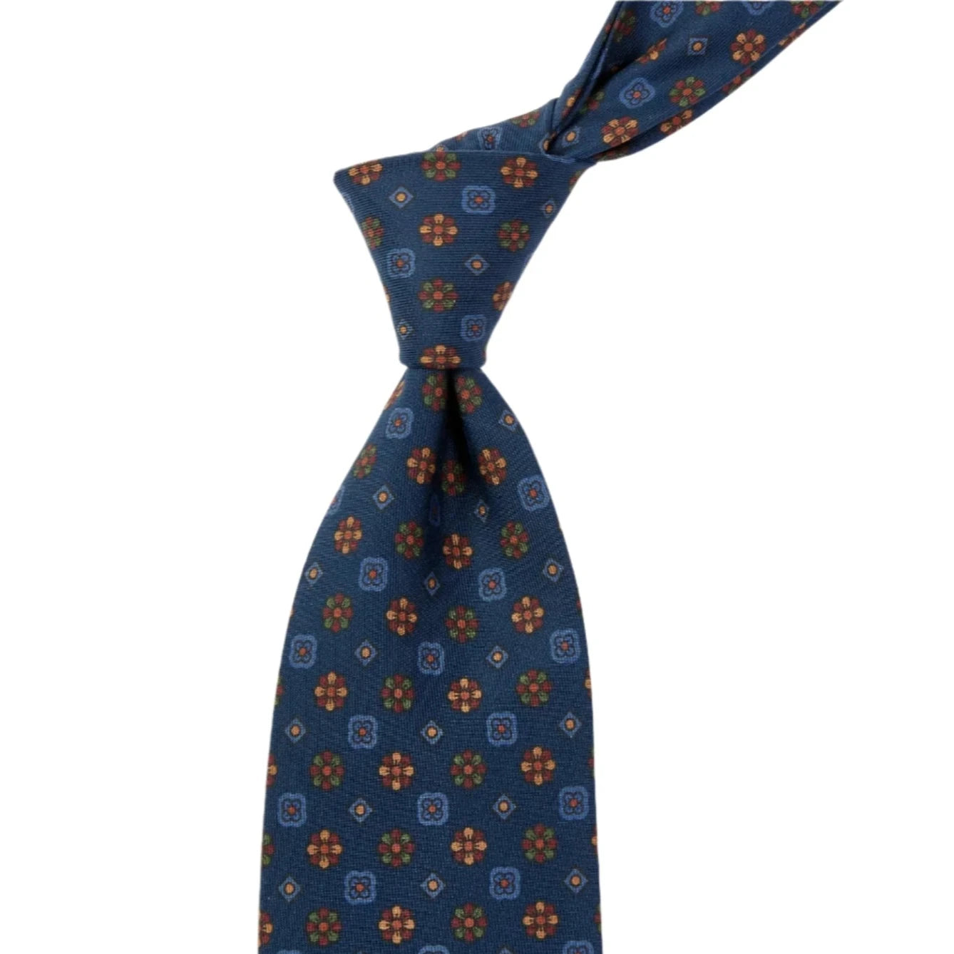 A Sovereign Grade Dark Navy Mixed Floret Ancient Madder Tie by KirbyAllison.com with blue and orange designs of the highest quality.