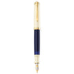 Pelikan Souverän M800 fountain pen with cream barrel, dark blue band, and gold-tone trim and nib.