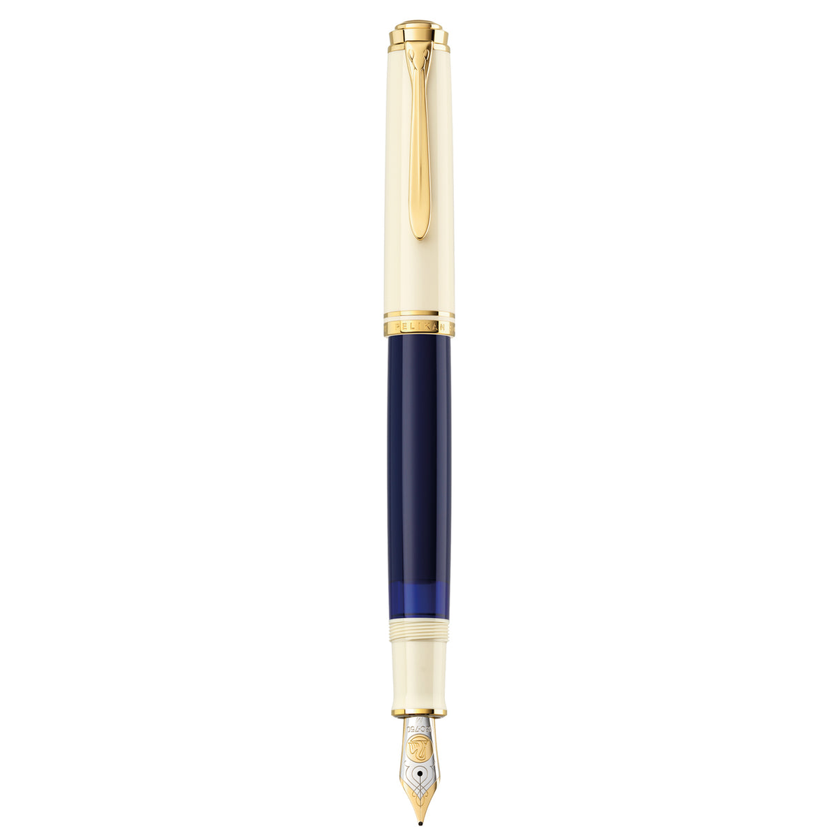 Pelikan Souverän M800 fountain pen with cream barrel, dark blue band, and gold-tone trim and nib.