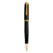 Black fountain pen with gold-tone accents, textured barrel, and exposed nib.