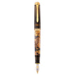 Pelikan fountain pen with dark striped barrel, gold-toned cap and trim, featuring decorative inlay design in lower section.