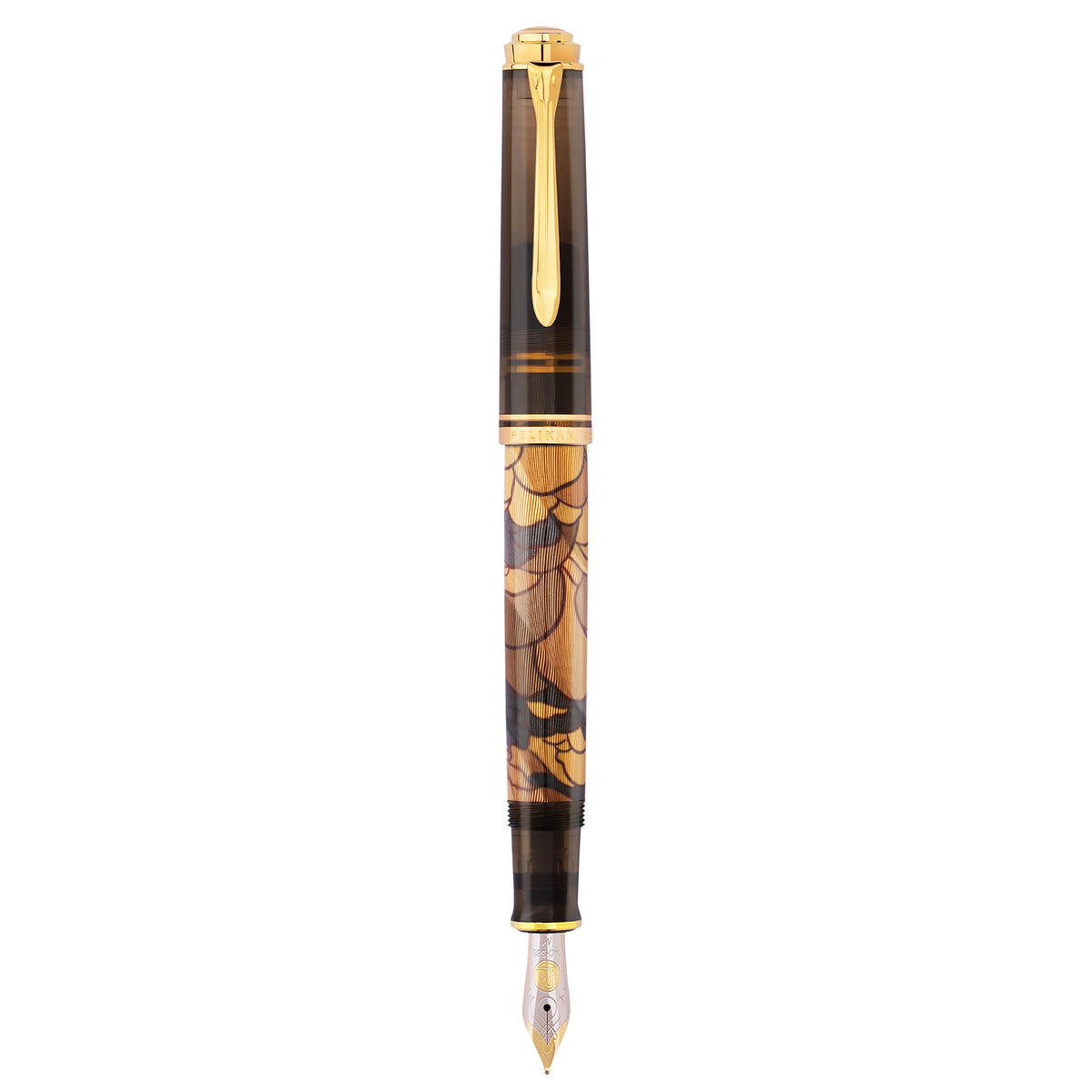 Pelikan fountain pen with dark striped barrel, gold-toned cap and trim, featuring decorative inlay design in lower section.