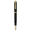 Black resin fountain pen with gold-plated trim, gold band, and 18K gold nib.