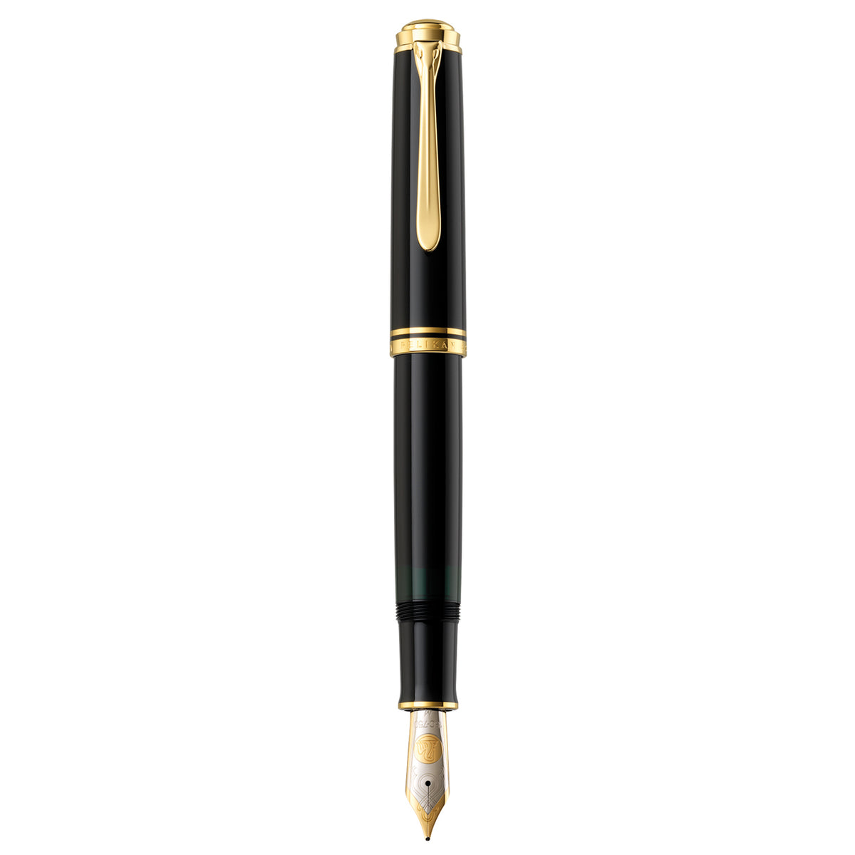 Black resin fountain pen with gold-plated trim, gold band, and 18K gold nib.