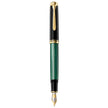 Black and green striped fountain pen with gold-tone cap, clip, and trim, featuring a visible nib.