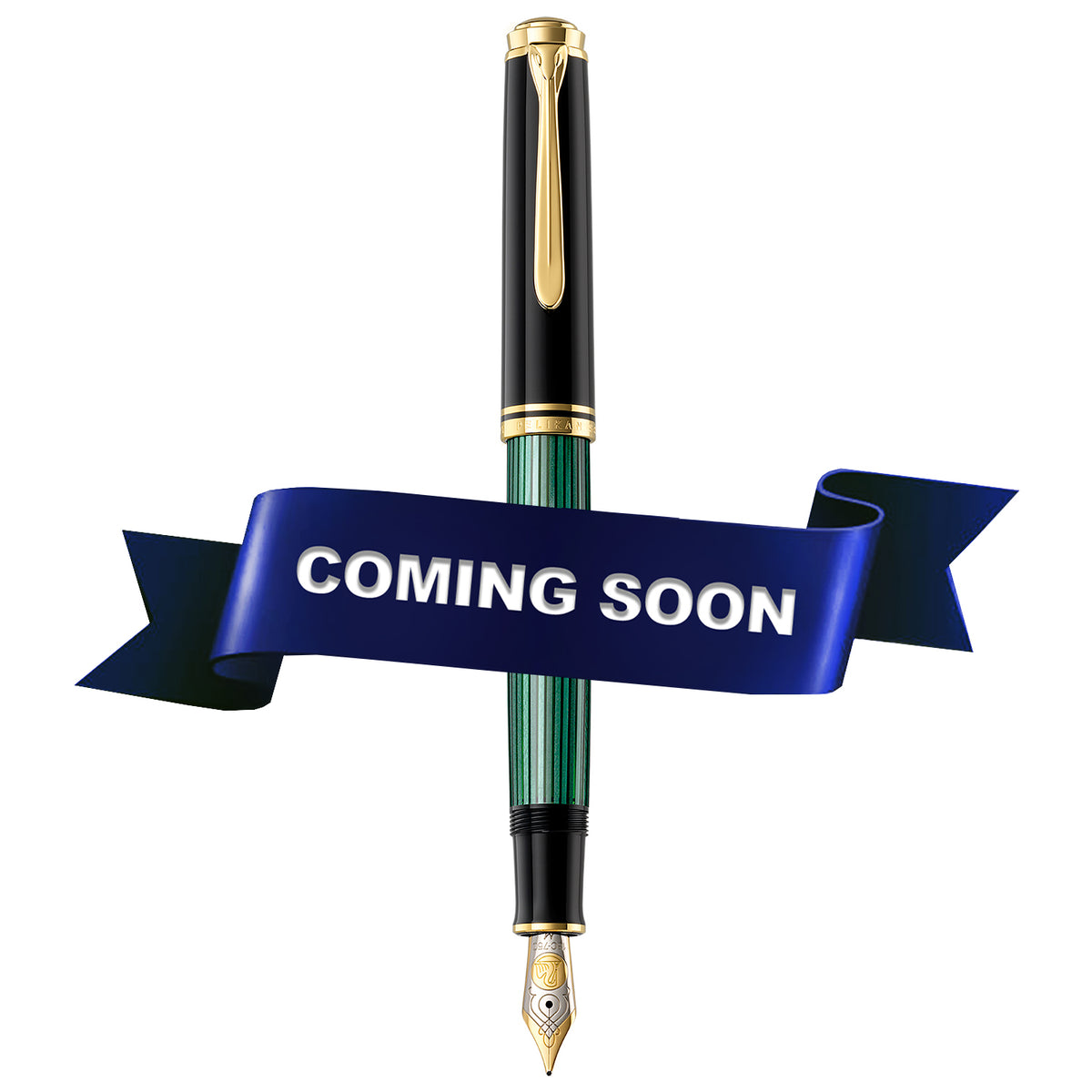Black and green fountain pen with gold-toned trim and nib, displayed vertically.