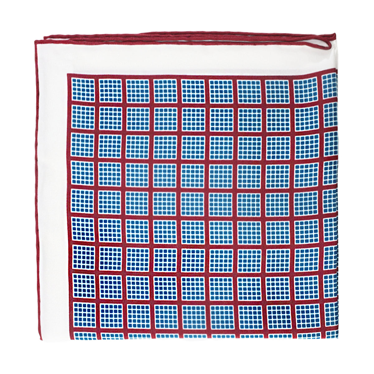 White pocket square with burgundy border and blue checkered pattern throughout.