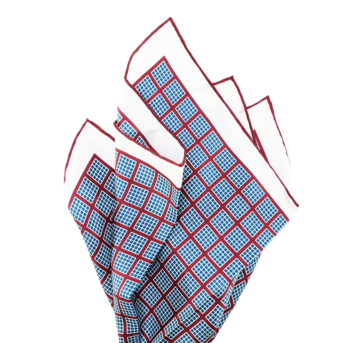 White and burgundy pocket square with quadrant grid pattern in blue and white checks.