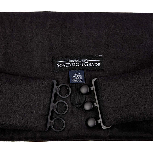 An elegantly tailored Sovereign Grade Black Barathea Cummerbund available at KirbyAllison.com, providing a refined finish to formal outfits, set against a white background.