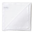 White cotton pocket square with folded edge and small text label in upper left corner.