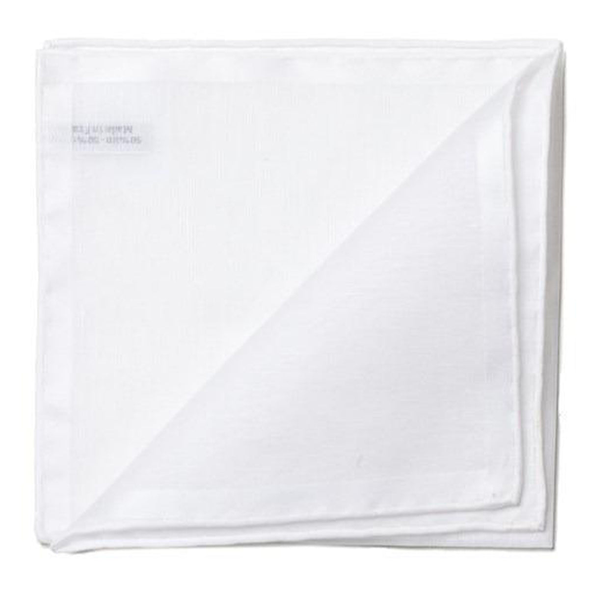 White cotton pocket square with folded edge and small text label in upper left corner.