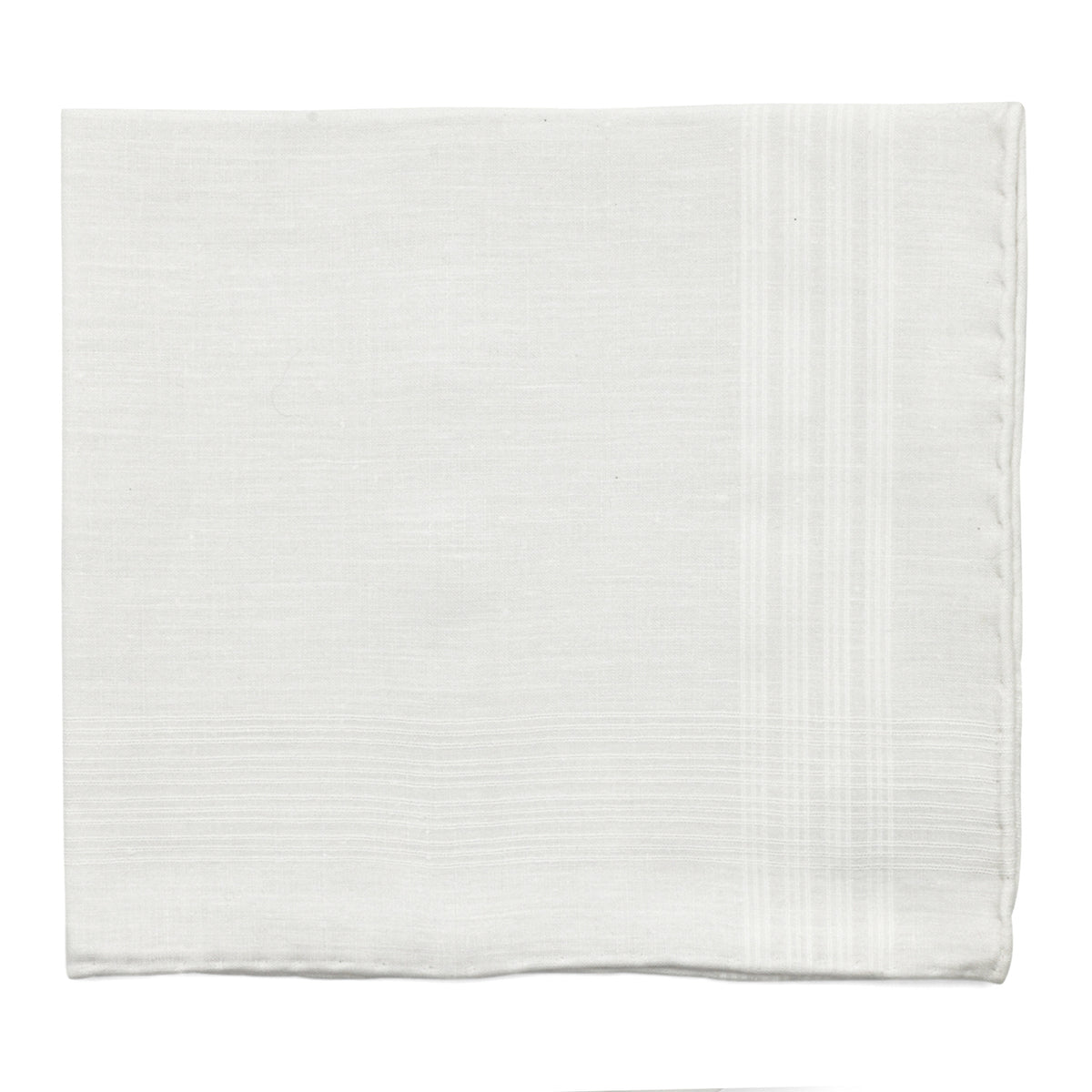 White cotton pocket square with subtle striped detailing along the edges and bottom border.