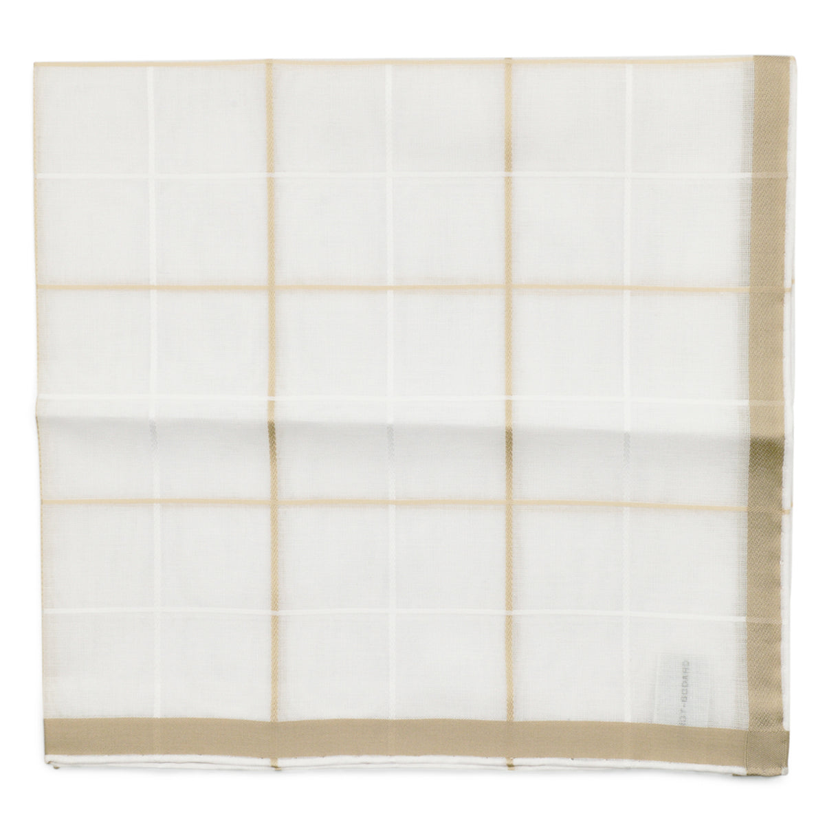 White and ivory satin pocket square with quadrille check pattern and tan border.