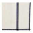 White cotton pocket square with blue and black striped borders on edges and center stripe.