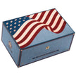 Light blue wooden humidor with American flag design on lid and decorative trim.