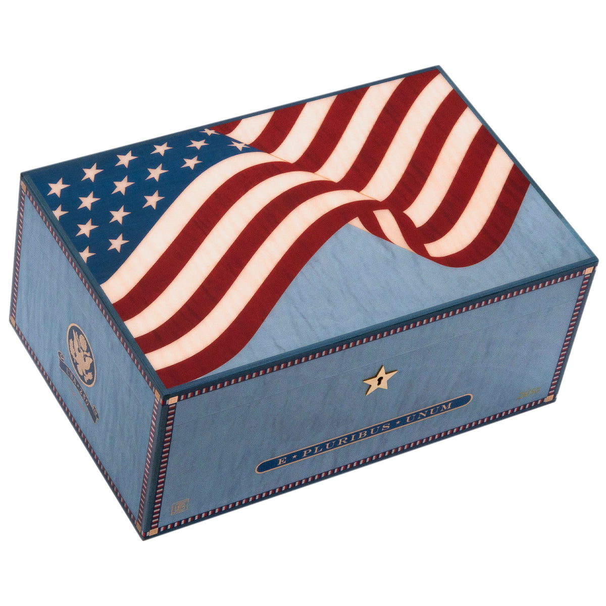 Light blue wooden humidor with American flag design on lid and decorative trim.