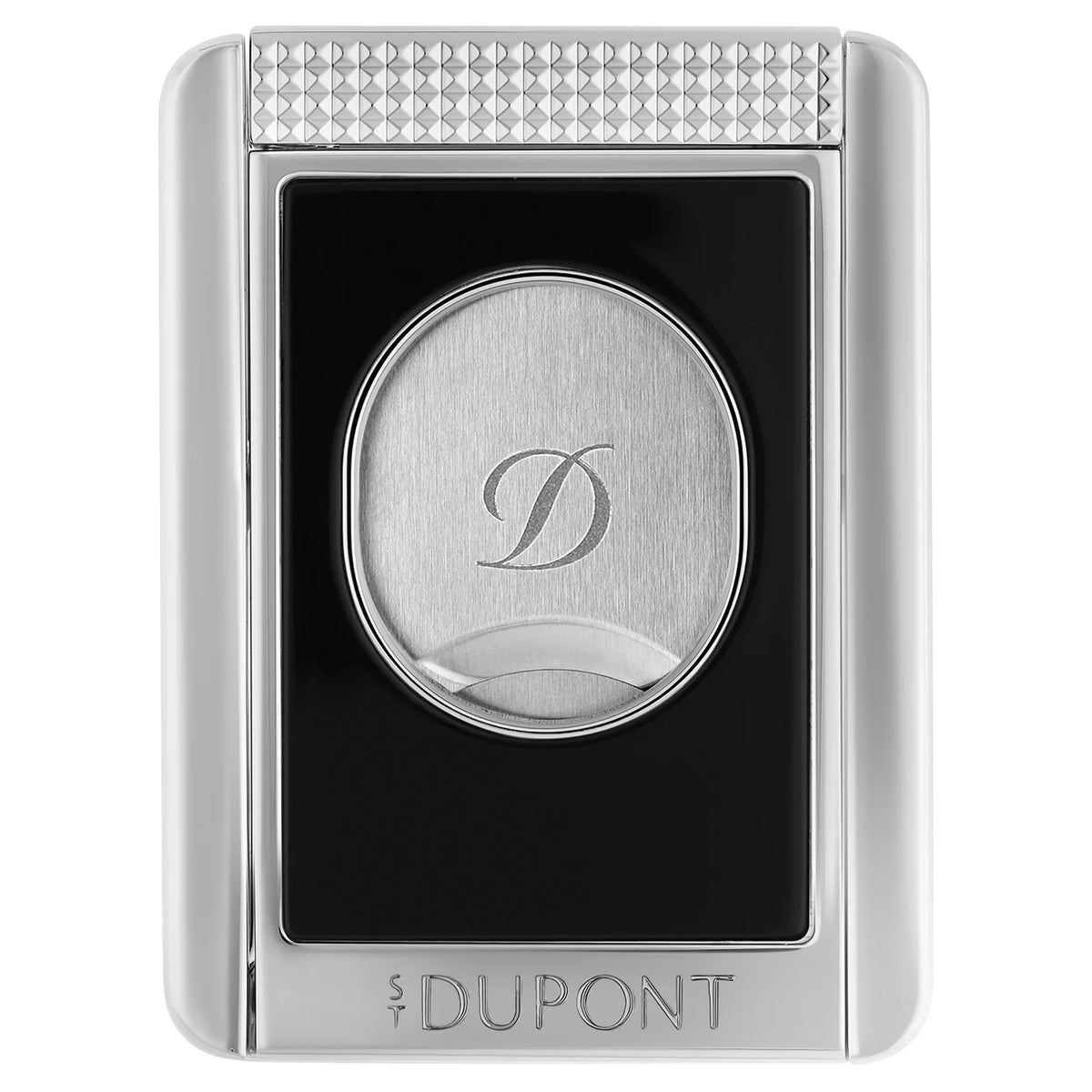 S.T. Dupont cigar cutter stand with chrome finish, black panel, and engraved D logo on brushed metal oval center.