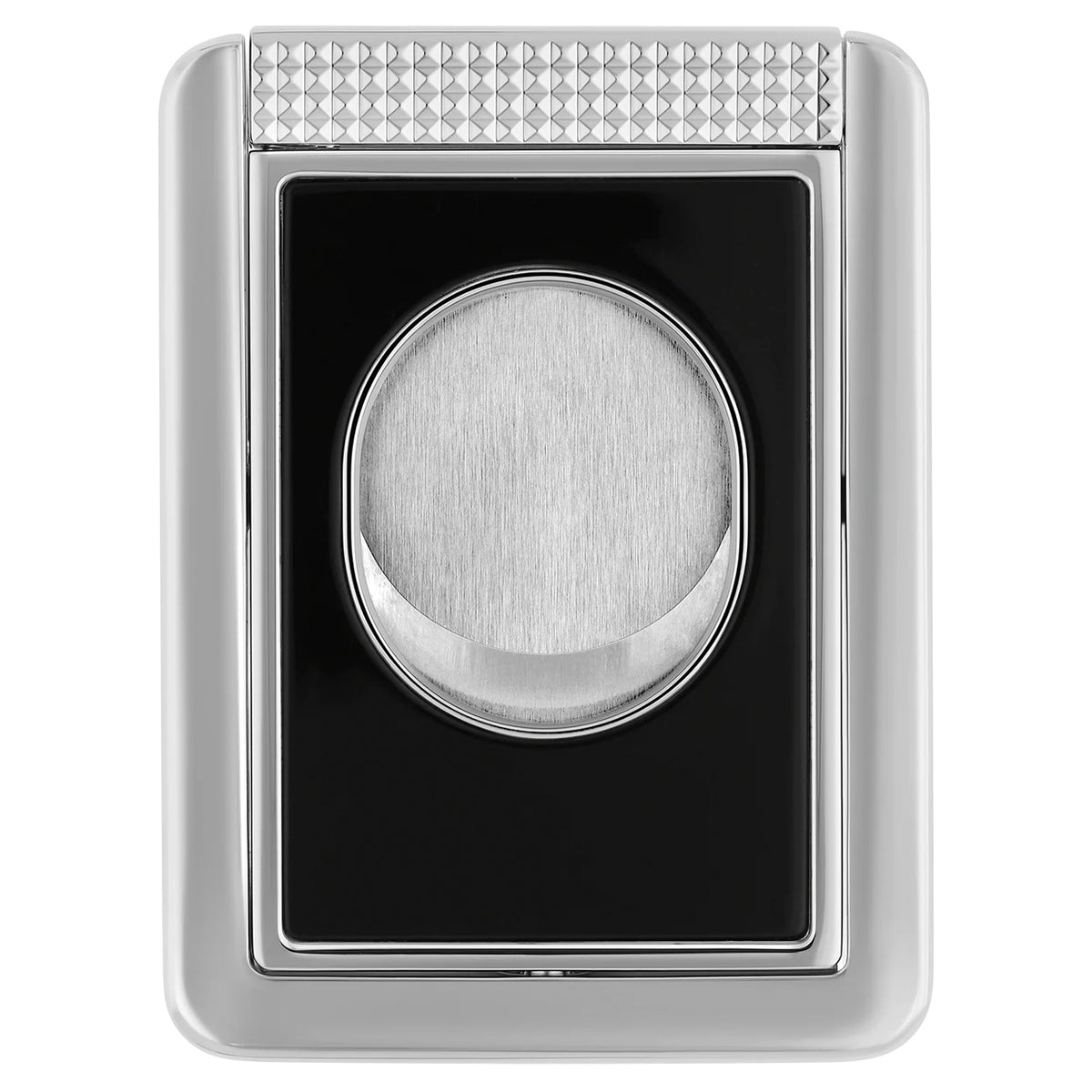 S.T. Dupont black and chrome cigar cutter stand with quilted top and circular cutter receptacle.