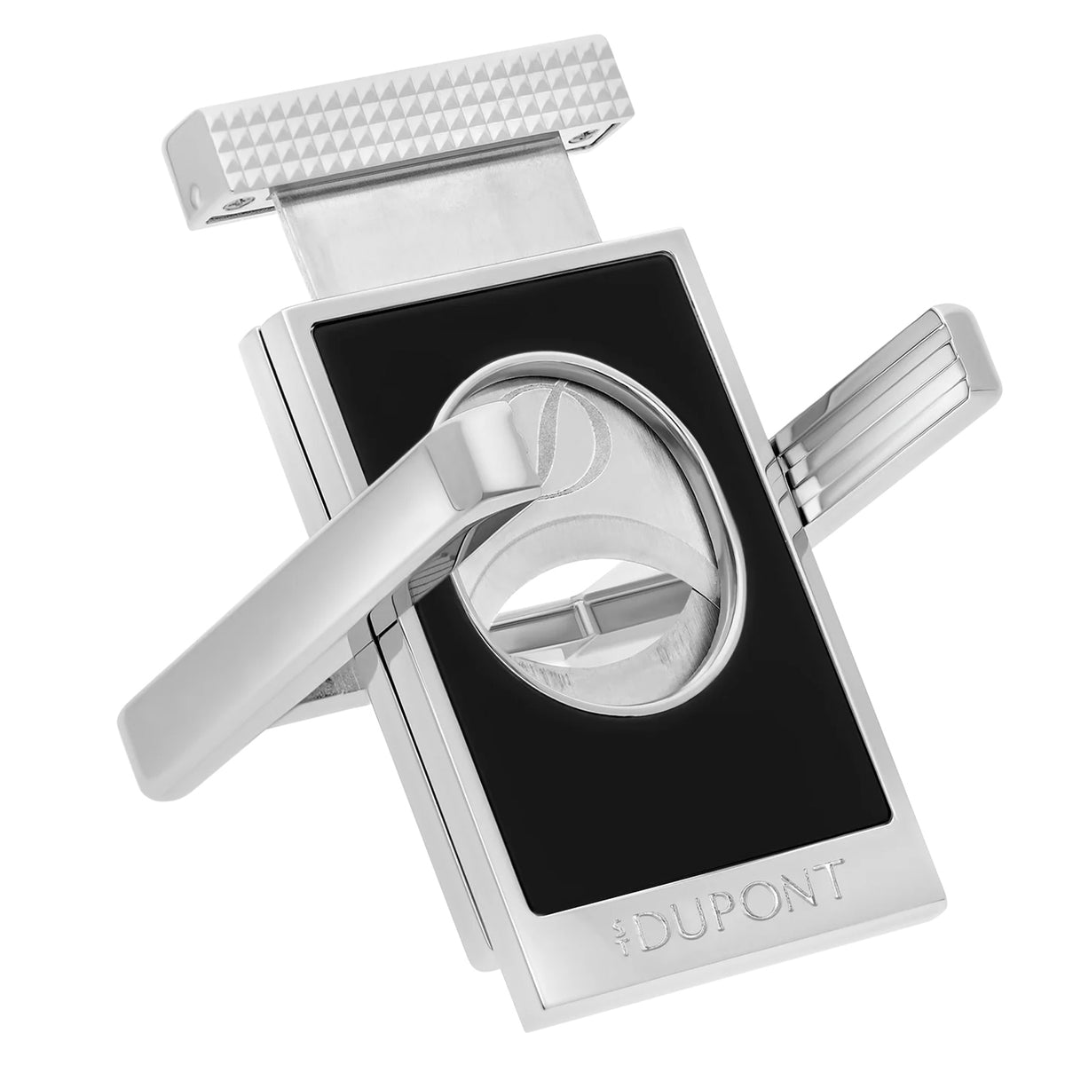 S.T. Dupont cigar cutter stand with chrome cutter, black face panel, and textured white top component.