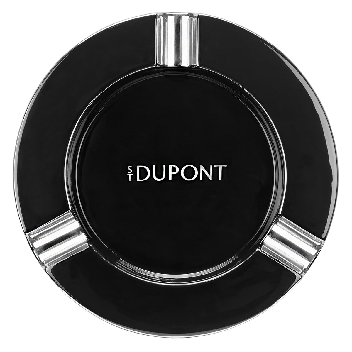 Black porcelain cigar ashtray with gunmetal rests and S.T. Dupont branding, circular design with central well.