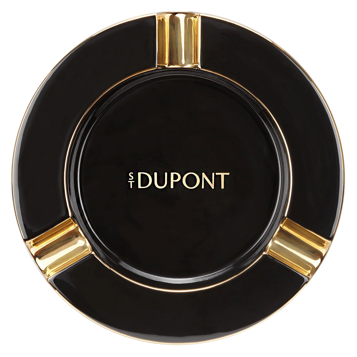 Black porcelain cigar ashtray with gold-plated accents and S.T. Dupont branding, viewed from above.