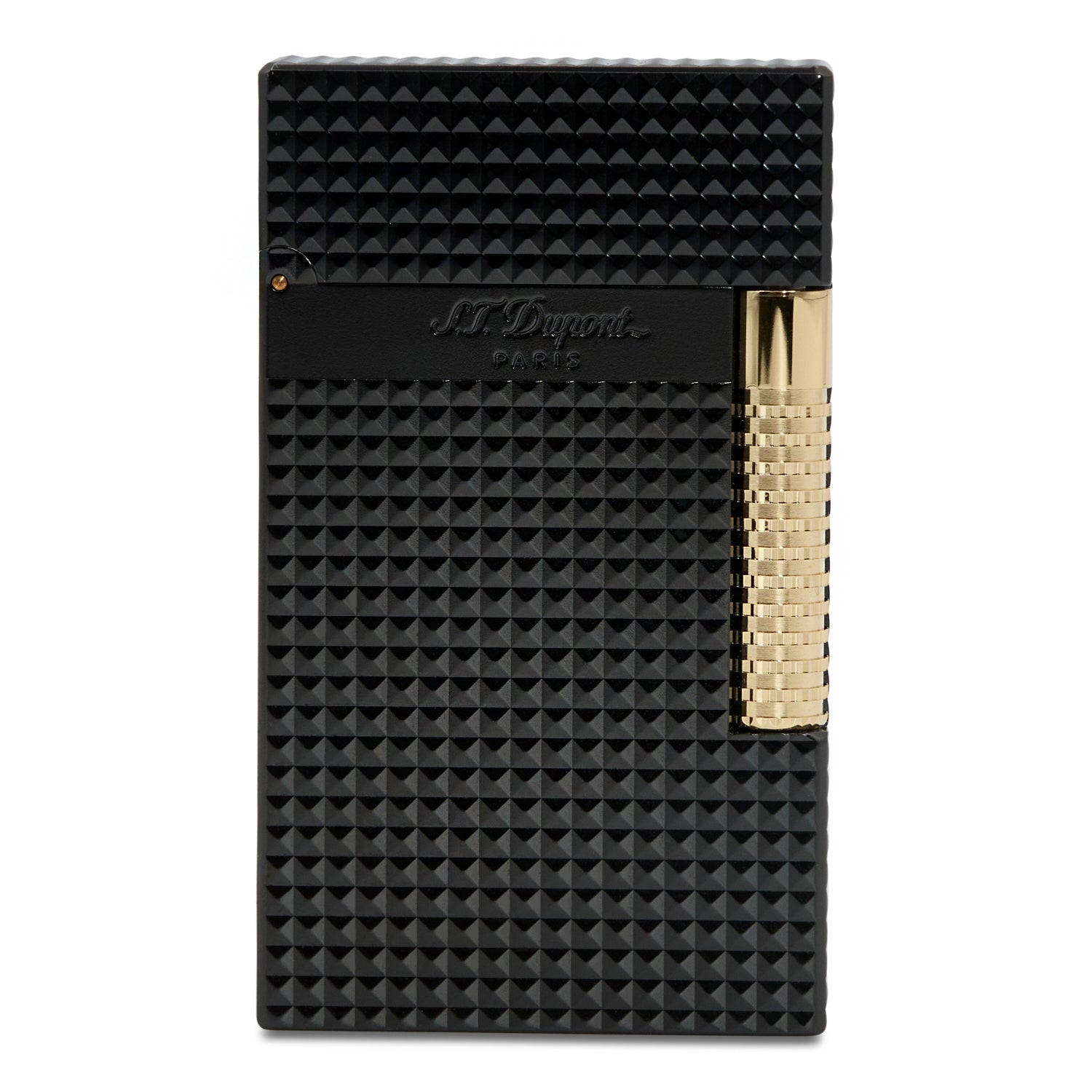 Black lighter with gold accent and 'S.T. Dupont' branding on a white background