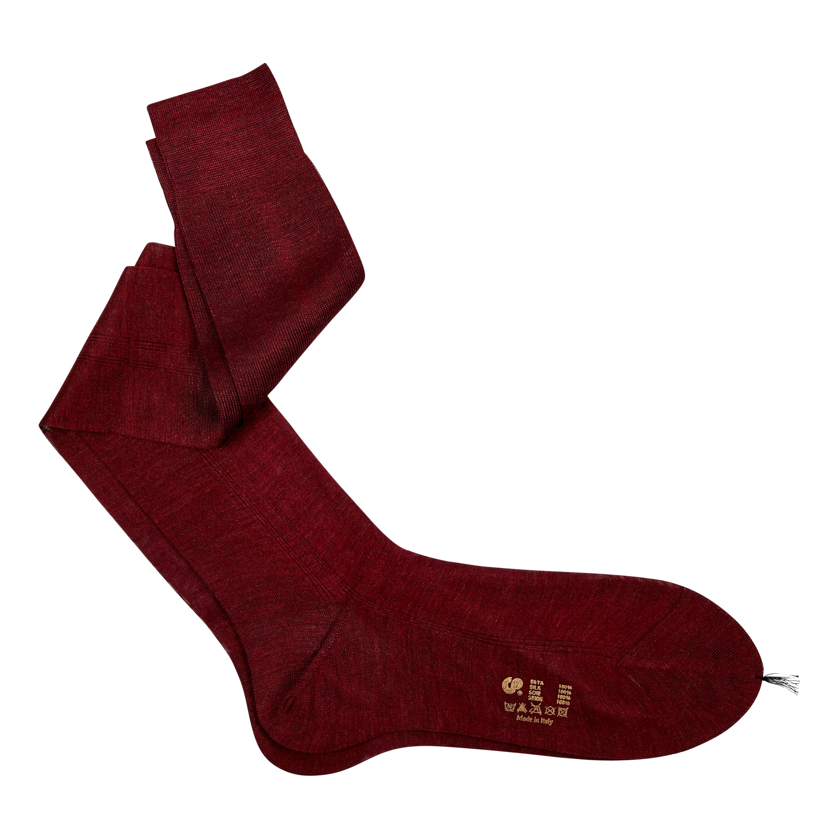 A pair of Sovereign Grade Super-Fine 100% Silk OTC Socks in burgundy by KirbyAllison.com on a white background.