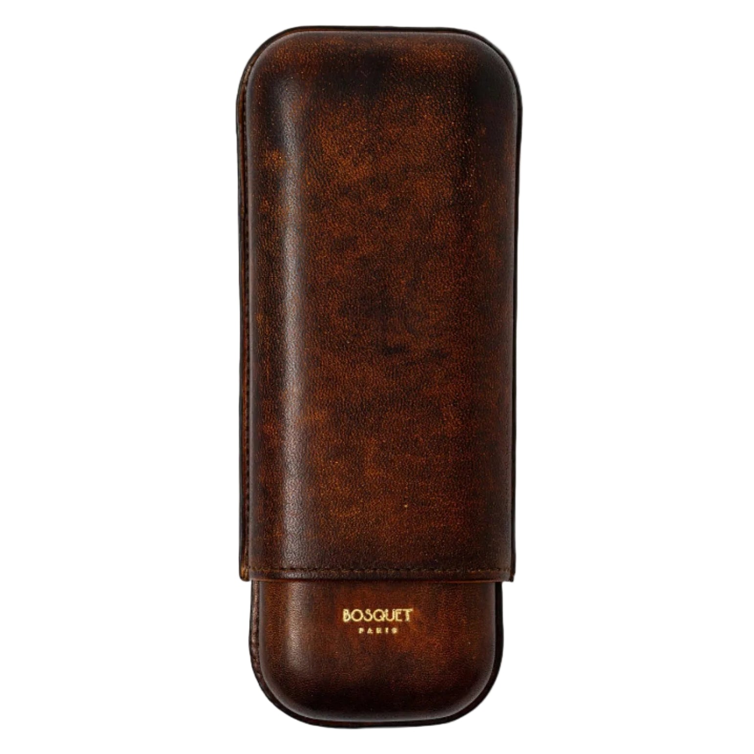 Brown patina leather case with 'Bosquet' branding on a white background