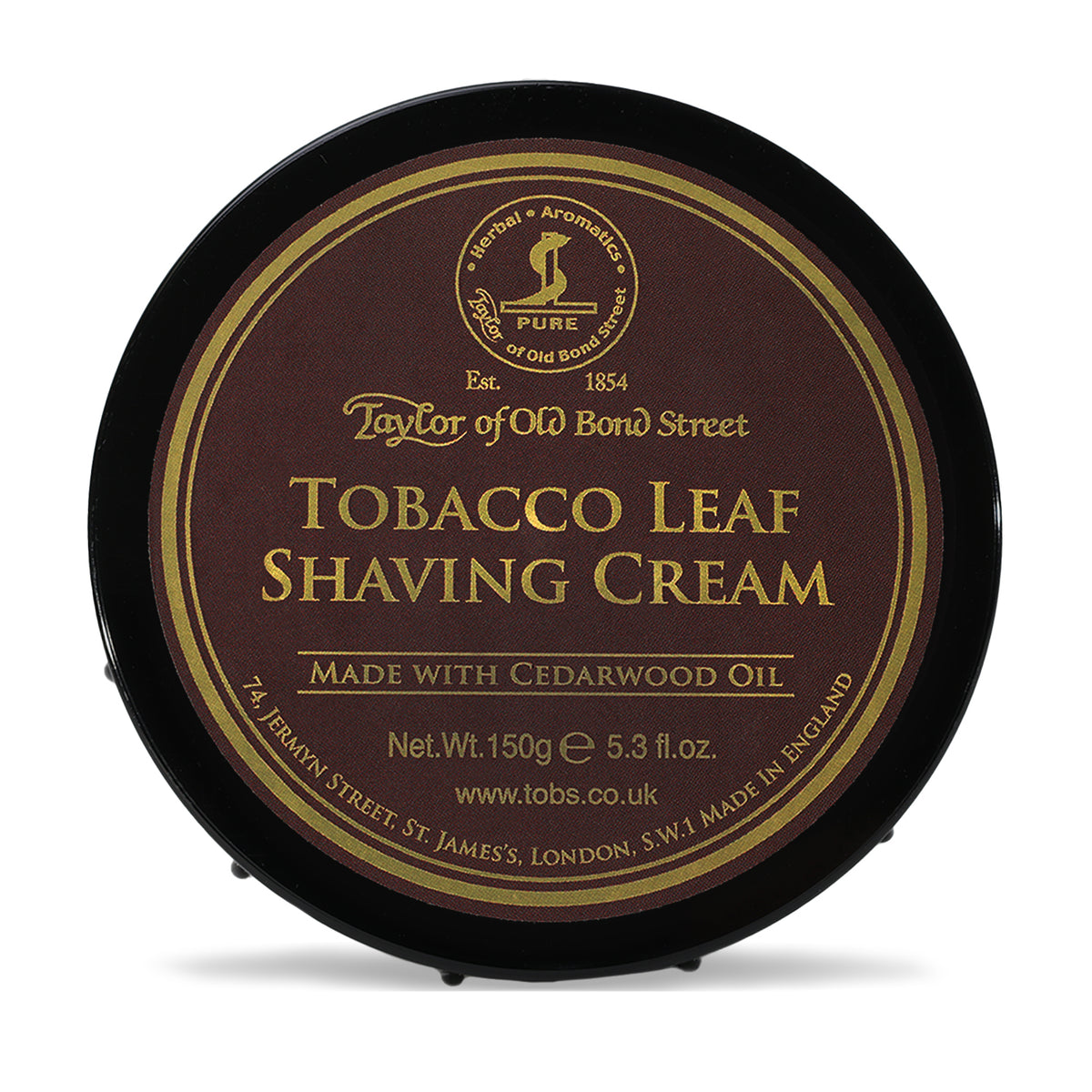 Black bowl with brown and gold label reading "Taylor of Old Bond Street Tobacco Leaf Shaving Cream," 150g.