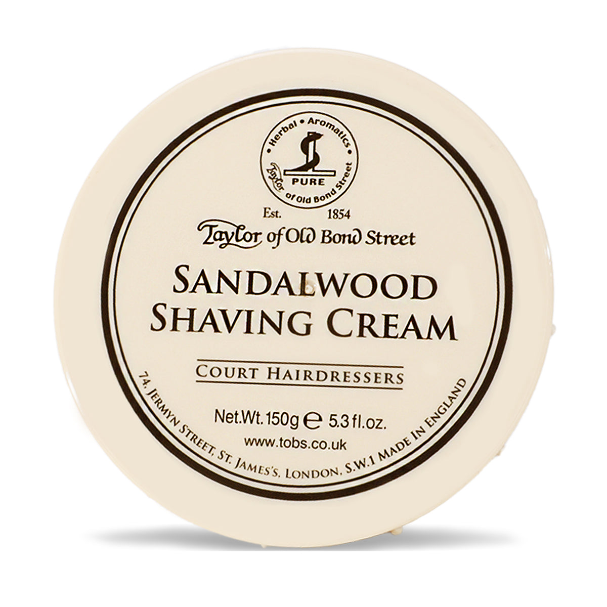 Cream-colored bowl of Taylor of Old Bond Street Sandalwood Shaving Cream, 150g, with branded label.