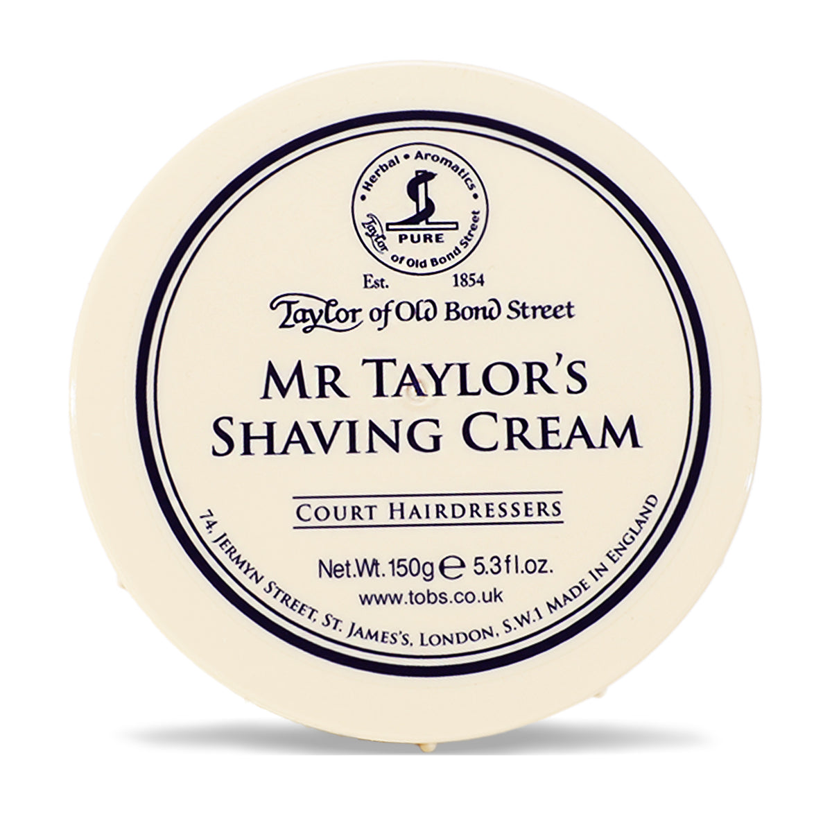 Cream-colored ceramic bowl with dark blue circular label reading "Taylor of Old Bond Street Mr Taylor's Shaving Cream," 150g.