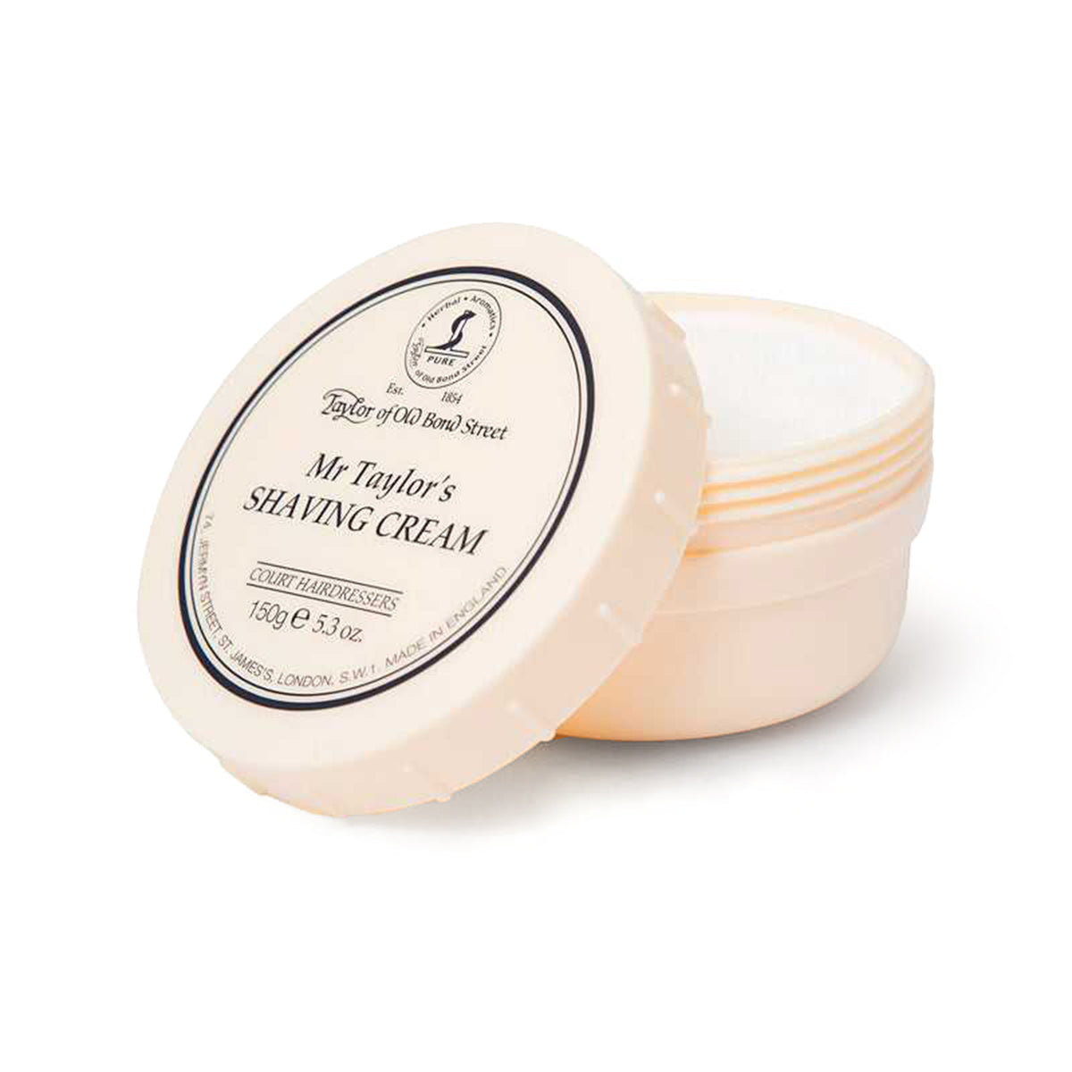 Cream-colored ceramic bowl containing Taylor of Old Bond Street Mr. Taylor's Shaving Cream, with labeled lid shown separately