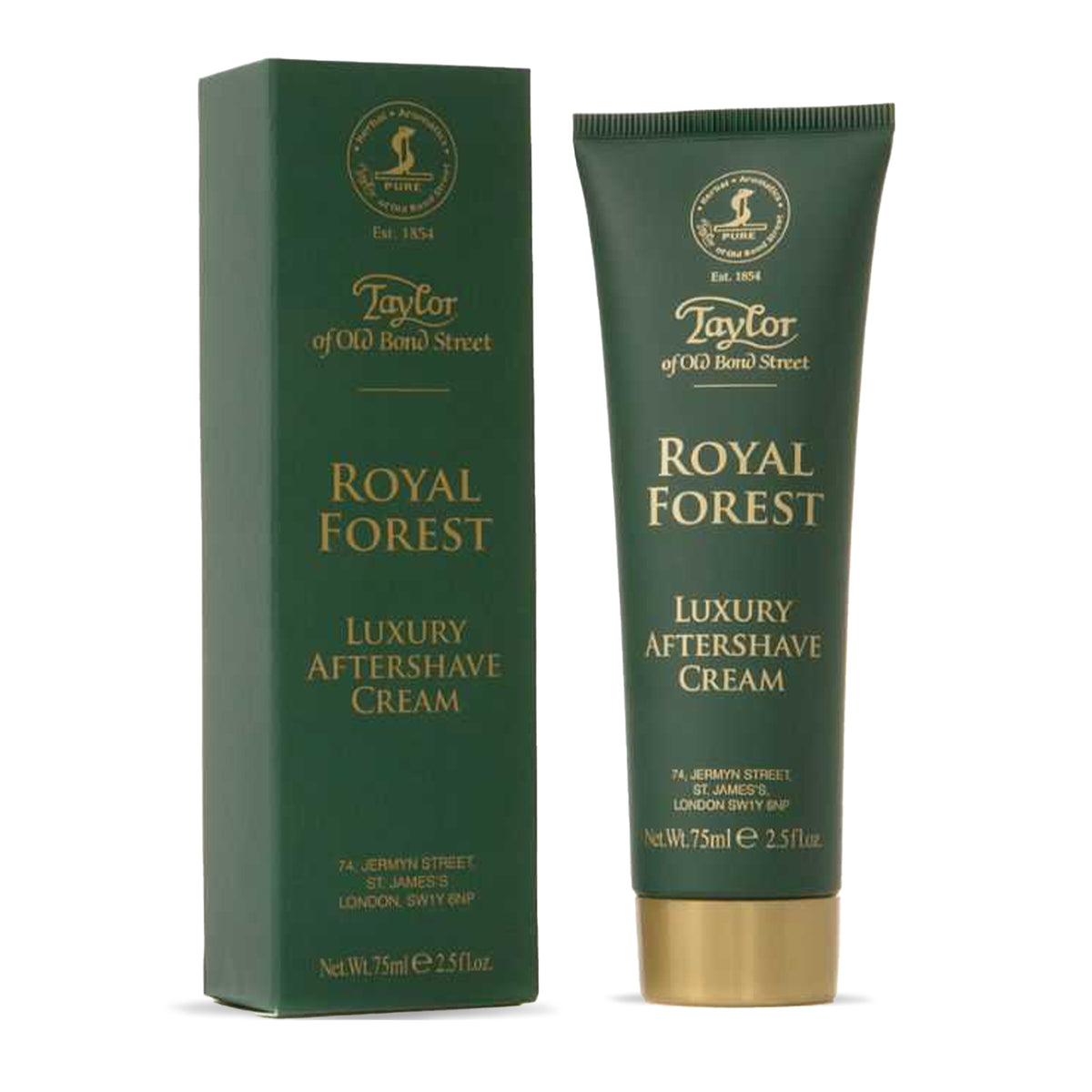 Taylor of Old Bond Street Royal Forest aftershave cream in green tube with matching box, 75ml.