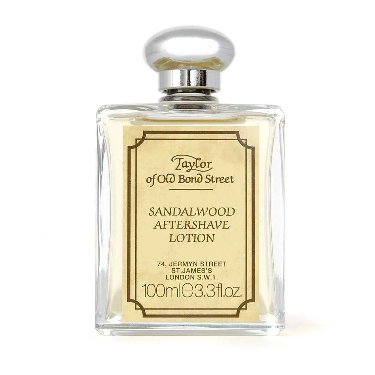 Clear glass bottle containing pale yellow liquid with chrome and frosted cap, labeled Taylor of Old Bond Street Sandalwood Af