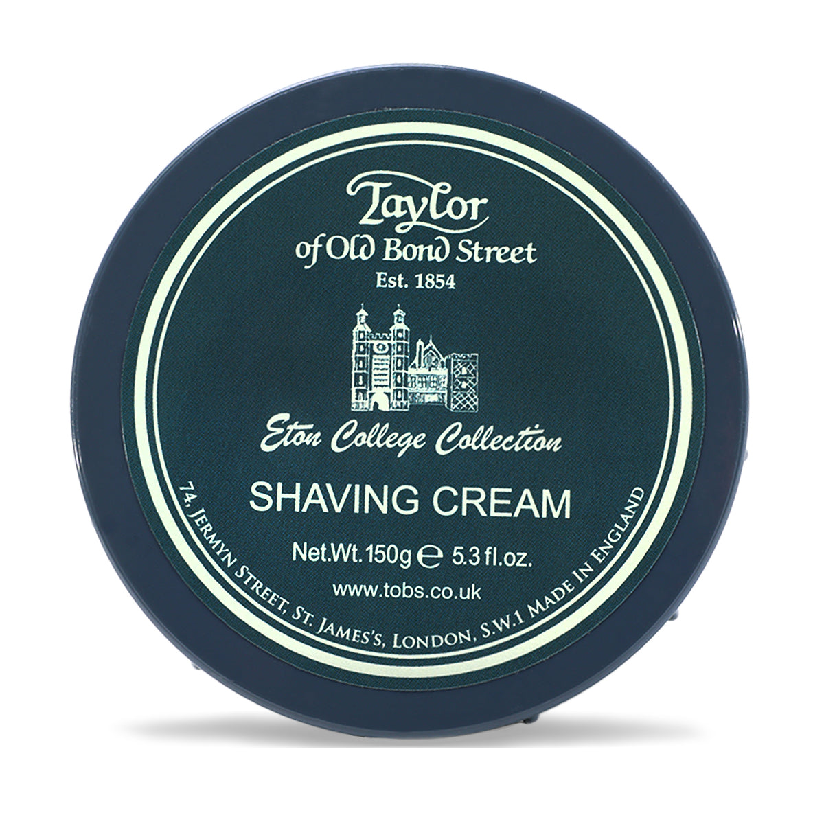Dark blue shaving cream bowl with cream-colored label featuring Taylor of Old Bond Street branding and Eton College Collectio