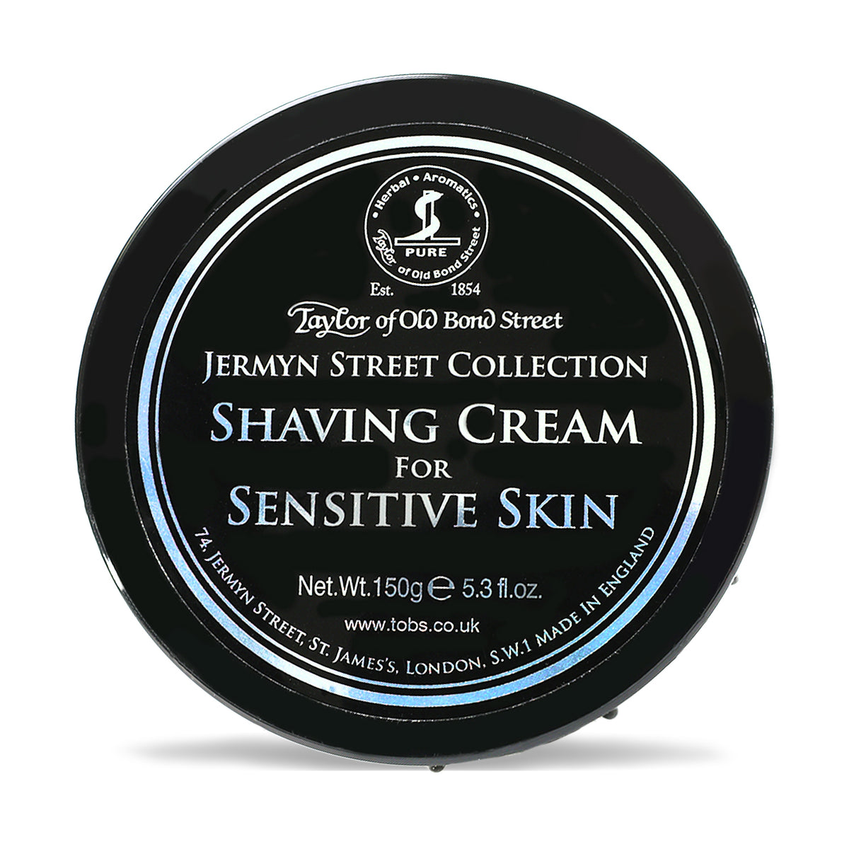 Black ceramic bowl with white and blue label for Taylor of Old Bond Street Jermyn Street shaving cream for sensitive skin, 15