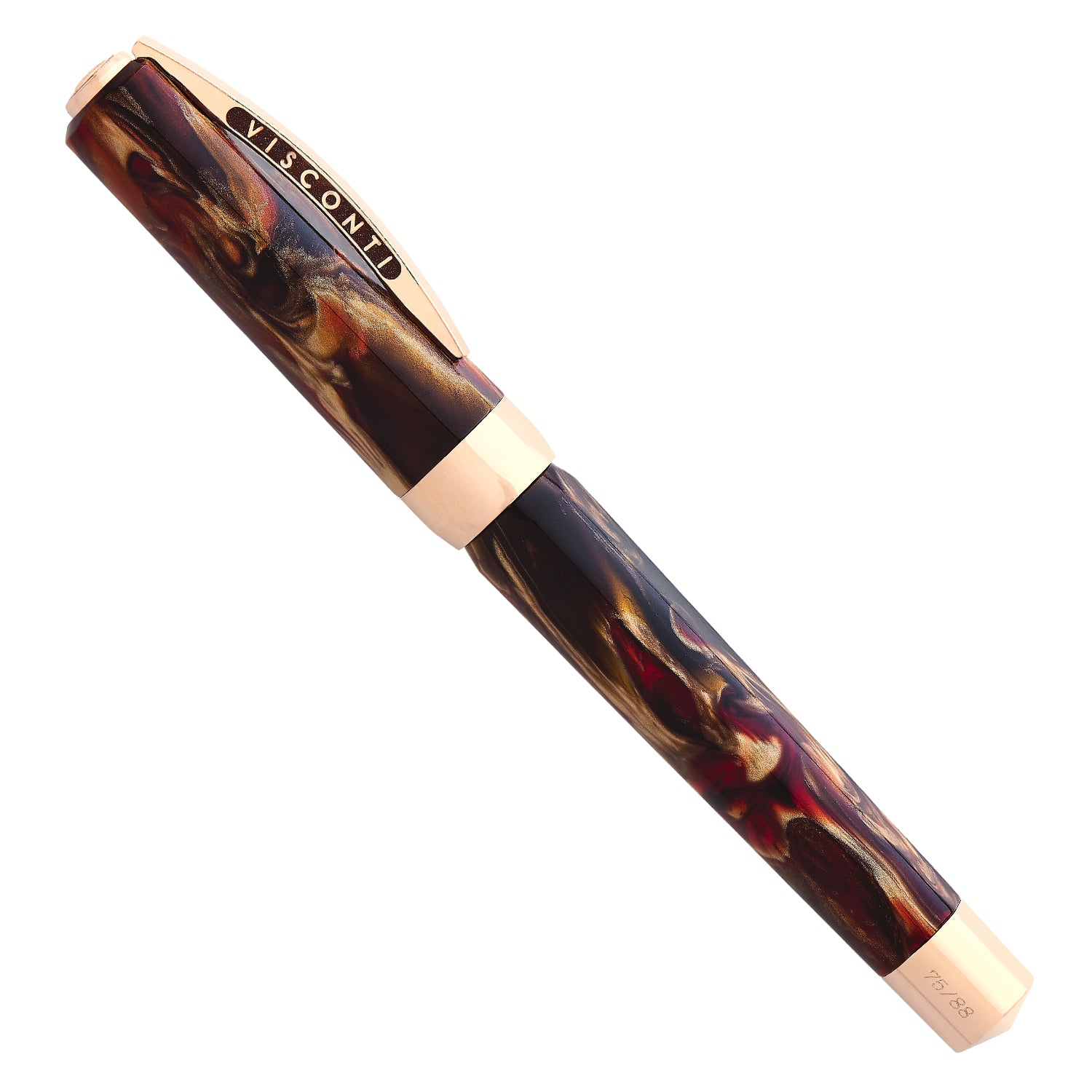 A Visconti Opera Master Firestorm fountain pen with a marbled design, from Coles of London.