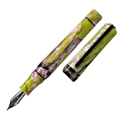 "Visconti Voyager Mariposa Fountain Pen in Malachite with PVD Black Trims, showcasing a stunning marbled green design with sleek black accents, expertly crafted to combine elegance and functionality, set against a white background."