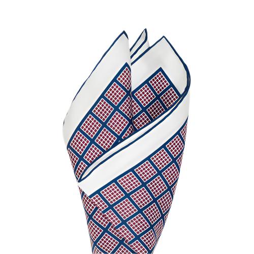 A bespoke Sovereign Grade White/Navy Quadrant Pocket Square from KirbyAllison.com, enhancing your ensemble with elegance, set against a white background.