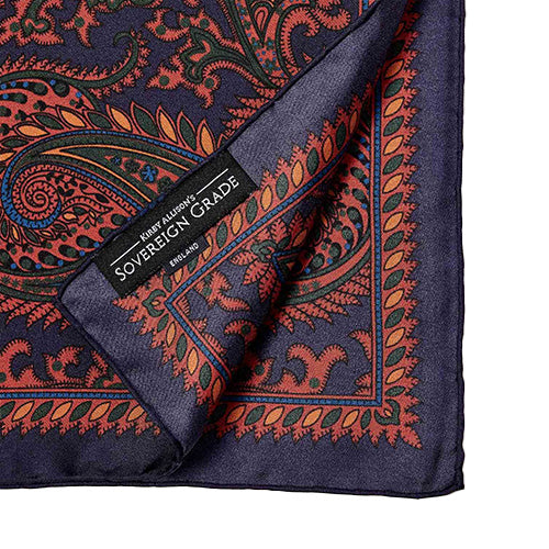 A bespoke Sovereign Grade 100% Silk Large Paisley Navy Pocket Square provided by KirbyAllison.com, featuring premium silk with a striking large paisley design in navy, enhancing your attire with sophistication, set against a white background.