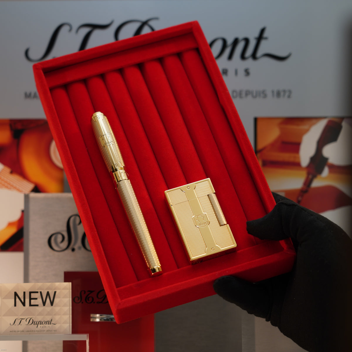 Vintage 2016 S.T. Dupont Humphrey Bogart Limited Edition Ligne 2 Large Gold Lighter & Fountain Pen Set – Mint Full Set