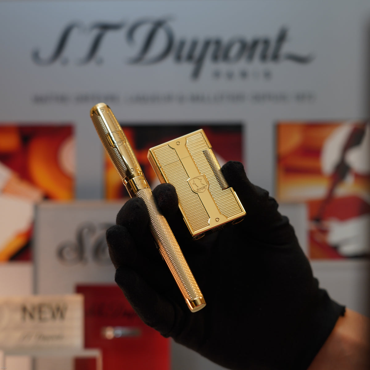 Vintage 2016 S.T. Dupont Humphrey Bogart Limited Edition Ligne 2 Large Gold Lighter & Fountain Pen Set – Mint Full Set