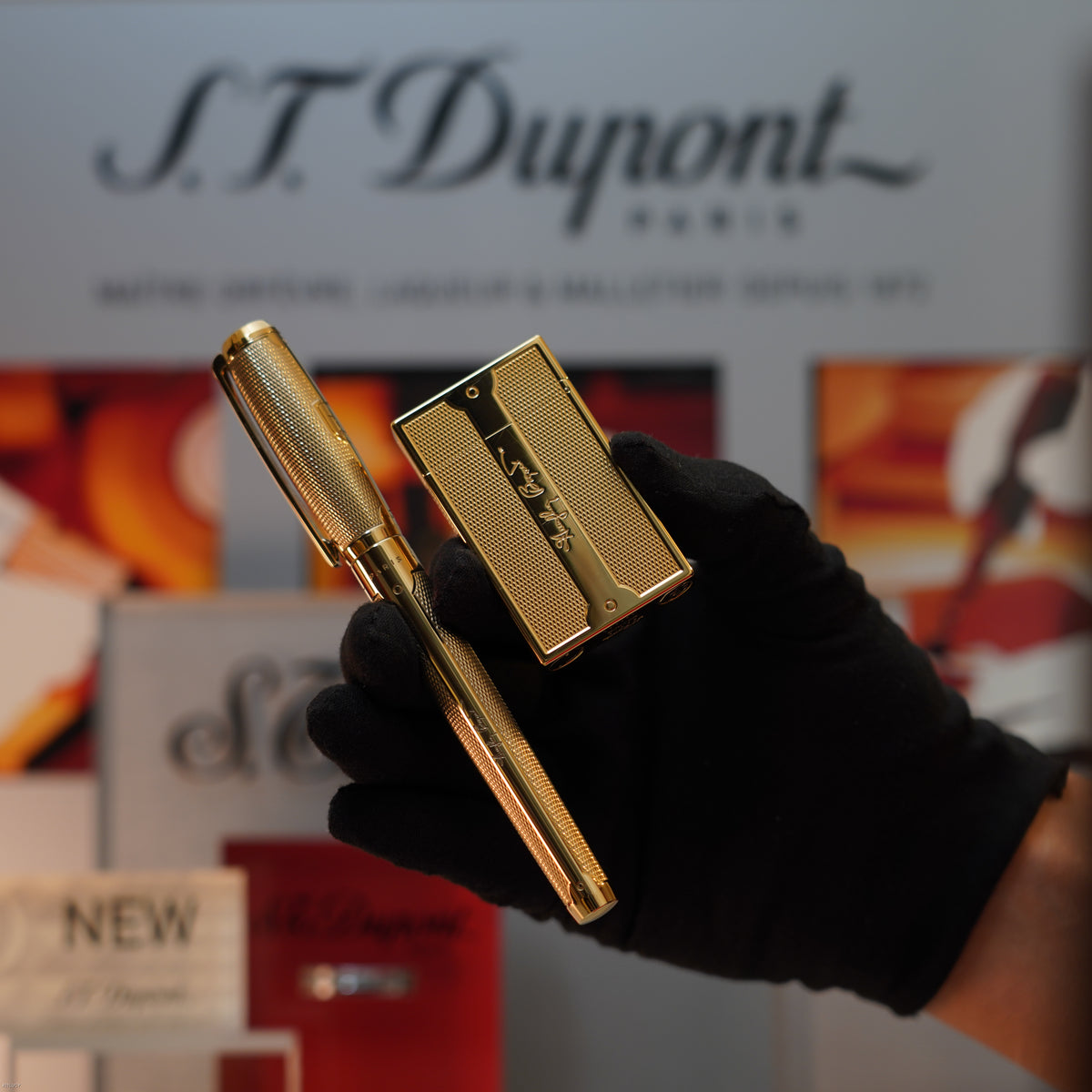 Vintage 2016 S.T. Dupont Humphrey Bogart Limited Edition Ligne 2 Large Gold Lighter & Fountain Pen Set – Mint Full Set