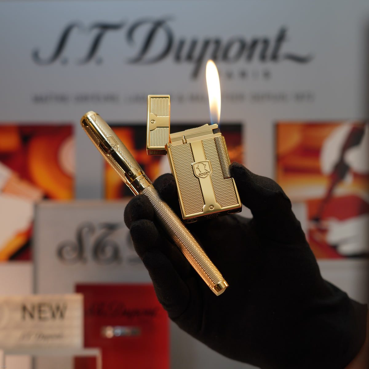 Vintage 2016 S.T. Dupont Humphrey Bogart Limited Edition Ligne 2 Large Gold Lighter & Fountain Pen Set – Mint Full Set