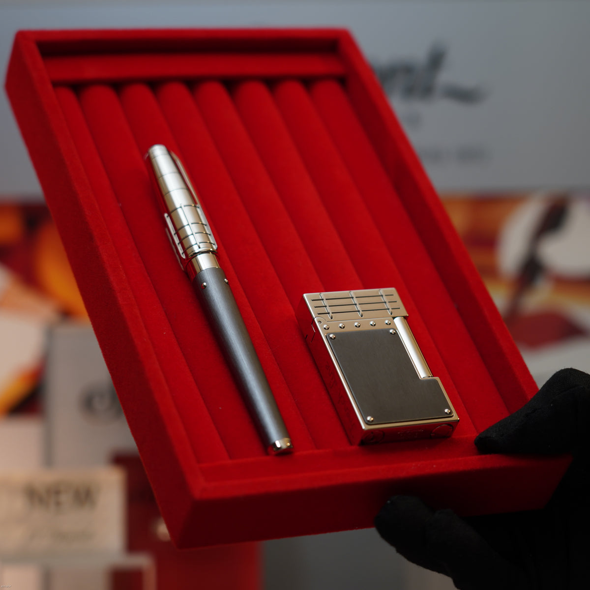 Vintage 2007 S.T. Dupont French Line Limited Edition Black Steel & Platinum Ligne 2 Large Lighter & Fountain Pen Set – Mint Full Set