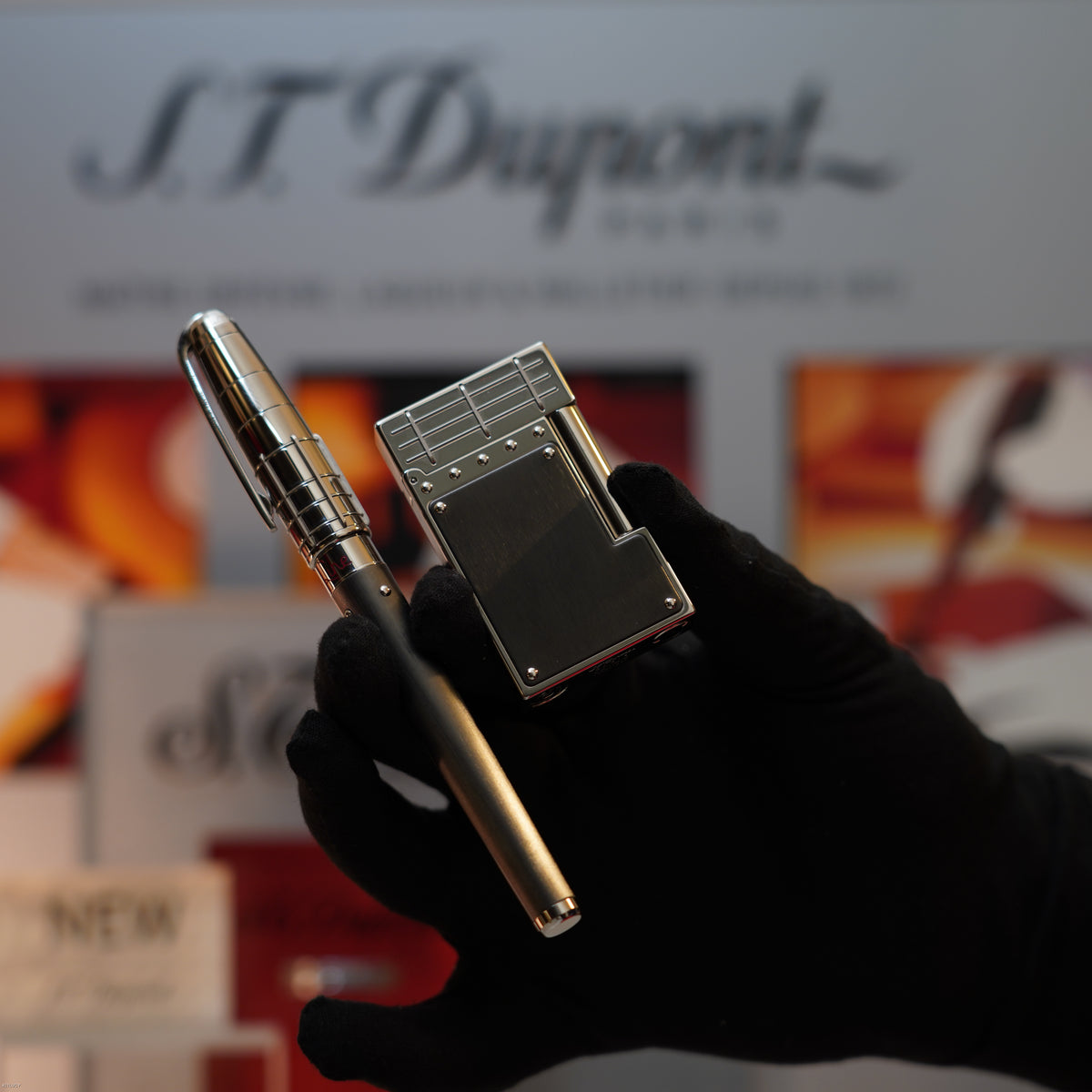 Vintage 2007 S.T. Dupont French Line Limited Edition Black Steel & Platinum Ligne 2 Large Lighter & Fountain Pen Set – Mint Full Set