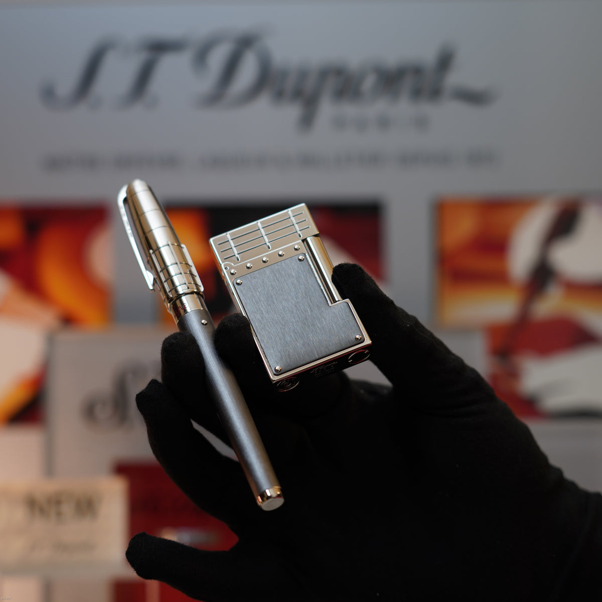 Vintage 2007 S.T. Dupont French Line Limited Edition Black Steel & Platinum Ligne 2 Large Lighter & Fountain Pen Set – Mint Full Set
