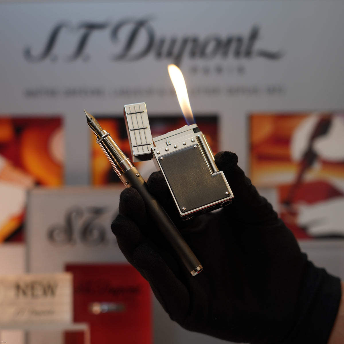 Vintage 2007 S.T. Dupont French Line Limited Edition Black Steel & Platinum Ligne 2 Large Lighter & Fountain Pen Set – Mint Full Set