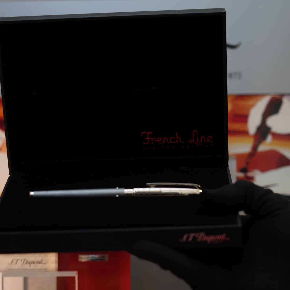 Vintage 2007 S.T. Dupont French Line Limited Edition Black Steel & Platinum Ligne 2 Large Lighter & Fountain Pen Set – Mint Full Set